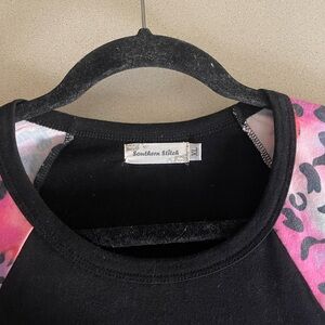Southern Stitches Black Top with Pink Leopard Raglan Sleeves